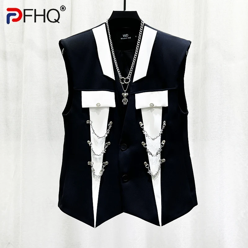 PFHQ New High-end Patchwork Contrasting Men's Suit Vest Chain Decoration Design Trendy Sleeveless Fashion Male Tops 21Z5893