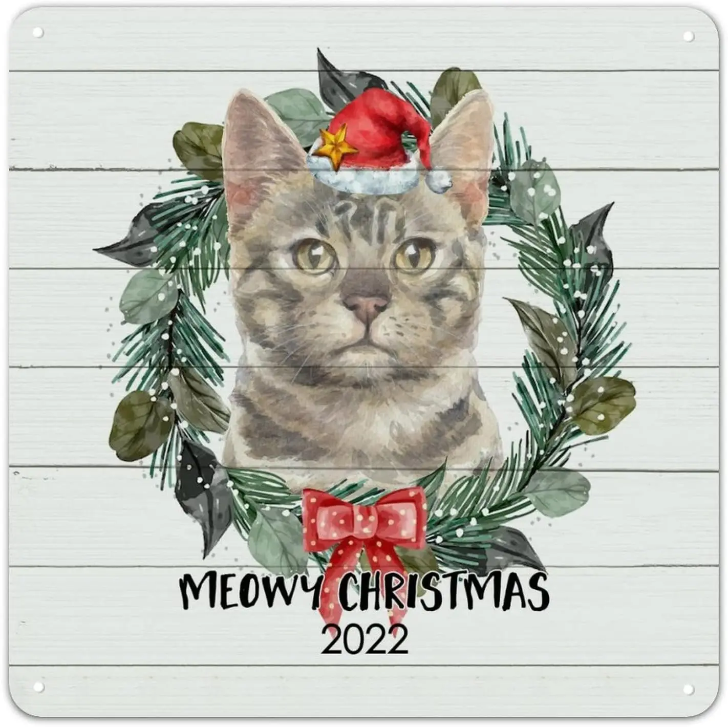 Meowy Christmas Cat Metal Sign Buffalo Plaid Metal Tin Sign Animal Prints 12x12in Easy to Mount Rustic Chic Wall