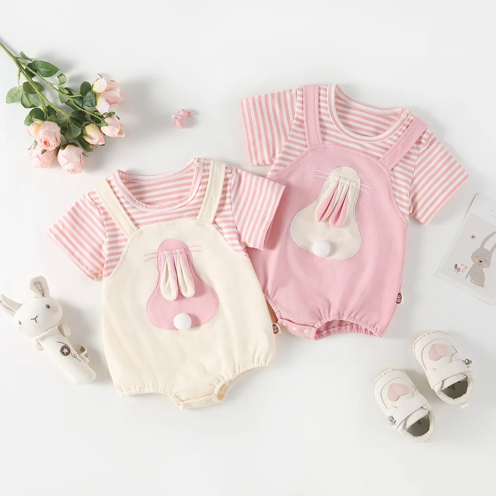 2024 New Summer Baby Rabbit Bodysuit Girls Sweet Cute Stripe Bunny One Piece Toddler Outwear Clothes