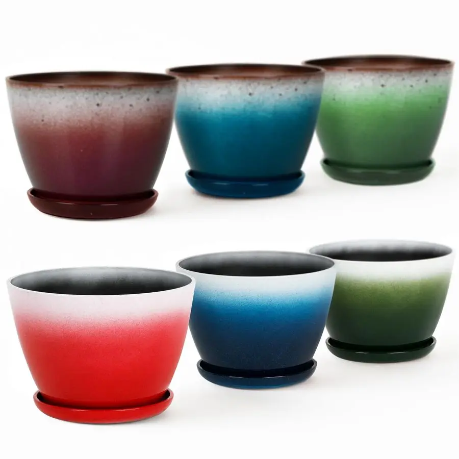 

Набор из 6 разноцветных круглых пластиковых горшков для растений (8 см) с дренажным отверстием и поддонами, глянцевые, для дома и сада