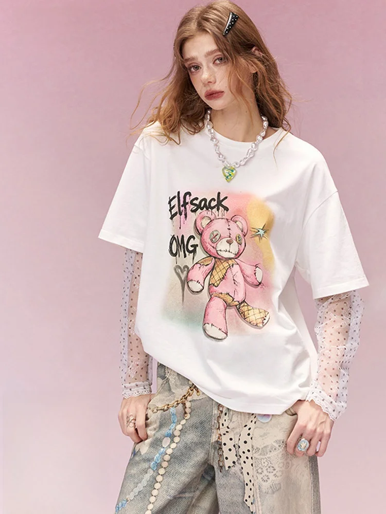 

Bear Diary Lace Print Long Sleeve T-Shirt Women's Spring Loose Top Fake Two-Piece Casual Style round Neck Cotton Material