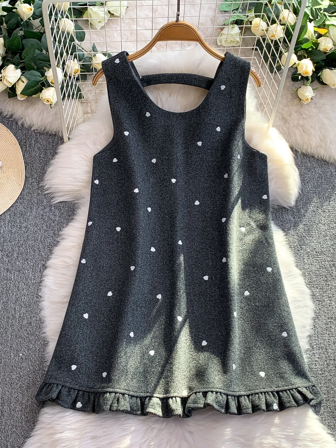 Retro Sweet Polka Dot Svel Vest Dr Women's Autumn Winter Soft Loose Slimming Gored Skirt mid Length A-Line Dr
