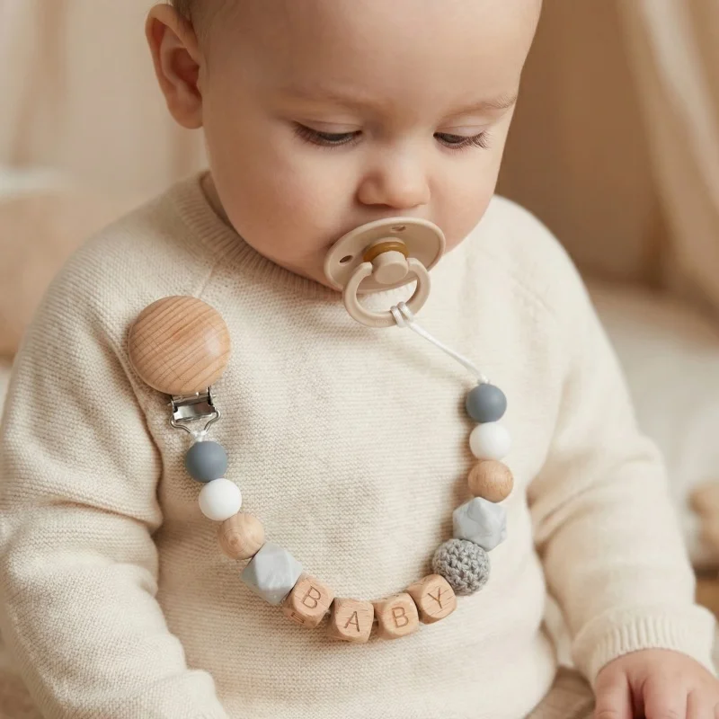 

Personalized Name Baby Pacifier Clip Silicone Wooden Teether Bead Handmade Crochet Dummy Chain Holder Newborn Baby Gift BPA Free