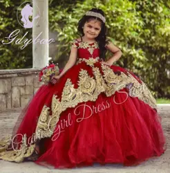 Customized Red Flower Girl Dresses For Wedding Gold Appliques Sleeveless Floor Length Kids Birthday Party First Communion Gown