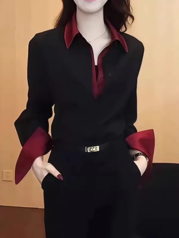 

plus Size Fashionable Shirt Women's Turn-down Collar Patchwork Top Trendy Korean Style Long Sleeve Regular Fit Commute Style