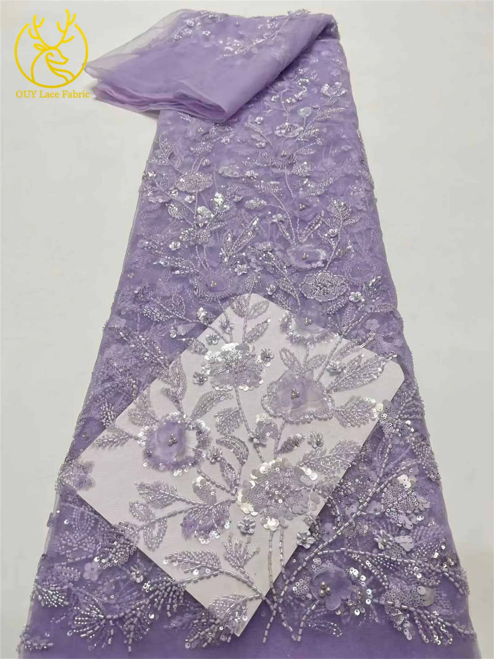 Afrikanischer 3D-Blumen-Handperlen-Spitzenstoff 2026 Hochwertiger Französischer Stil Nigerianischer Pailletten-Spitzenstoff Ideal für Partykleider – Detail 12