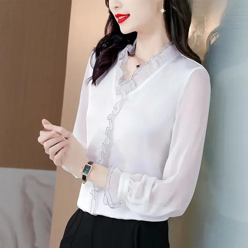 Spring Autumn Short Chiffon Pullover Shirt Women 2024 New Loose V-Neck Pure Colour Blouse Fashion  Long Sleeve Shirts Female