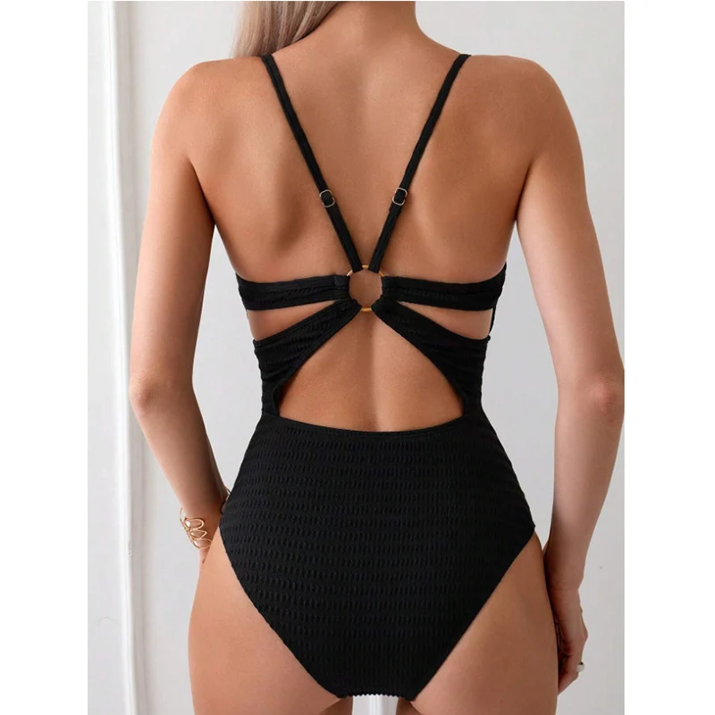 Sexy Swimwear New Women One-piece Swimsuit Metal U-shaped Beachwear Female Solid Color Bodysuit Holiday Pool Swimming Suit