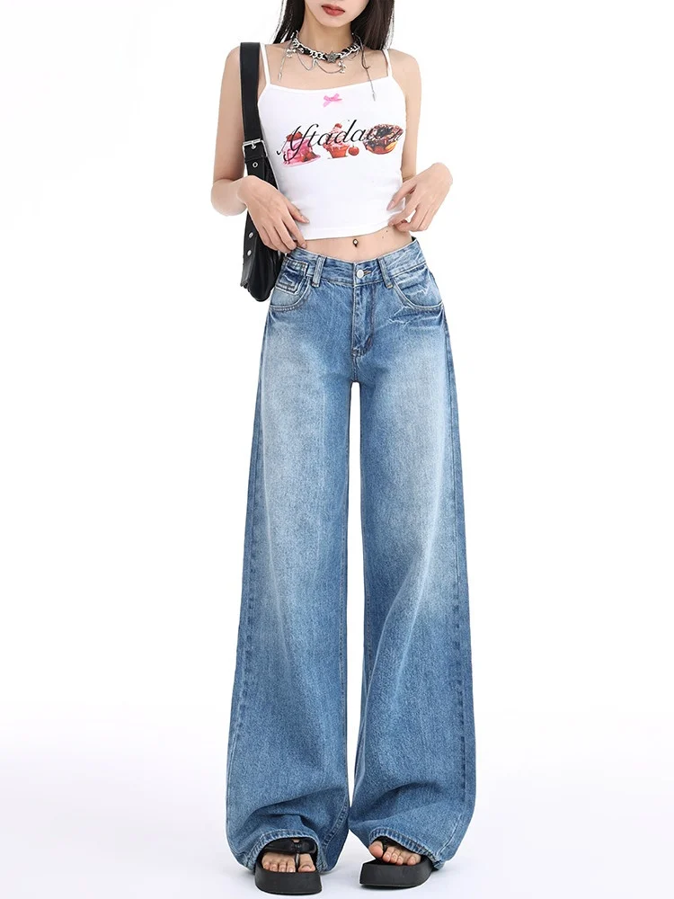 

Retro Low Waist Blue Denim Jeans Women's Straight Leg Loose Floor Length Drapey Wide Leg Pants Spring 2026 New Style