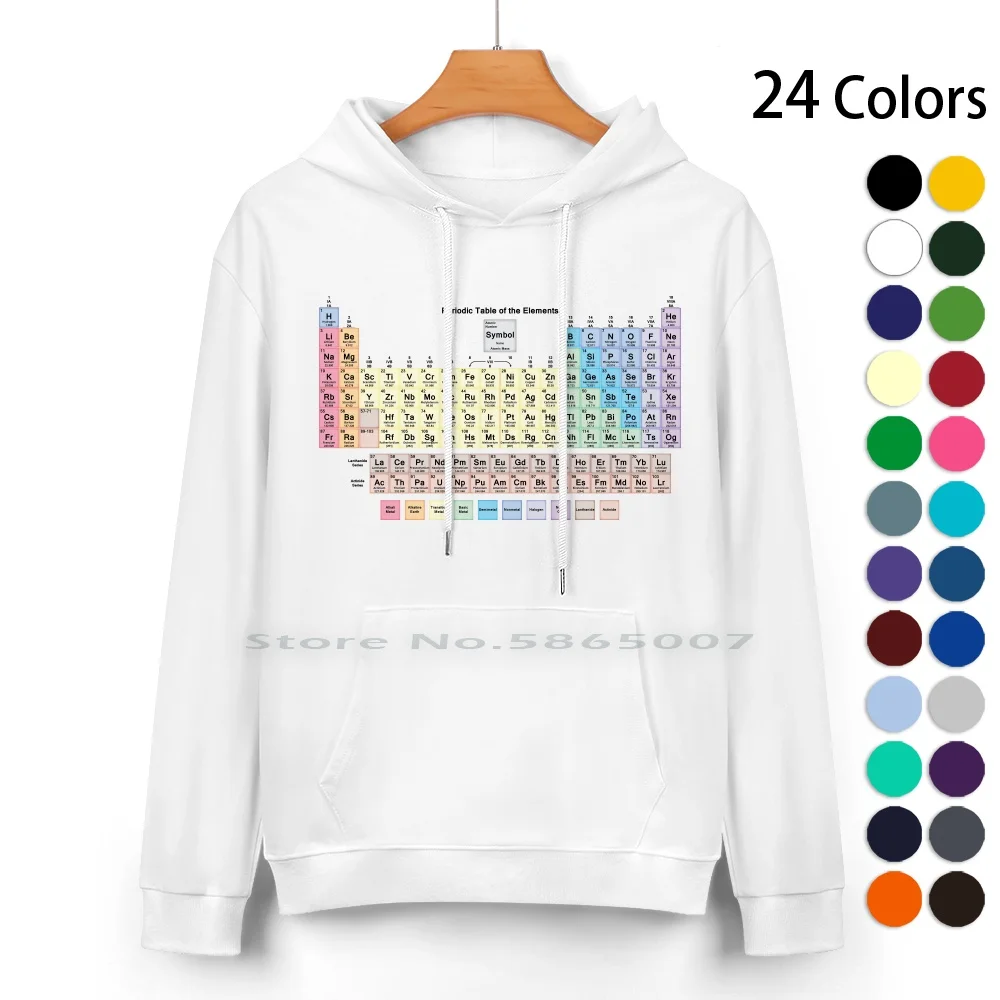 Periodic Table With All 118 Names Pure Cotton Hoodie Sweater 24 Colors Chemistry Periodic Tables 118 Geek Nerd Rainbow Colorful