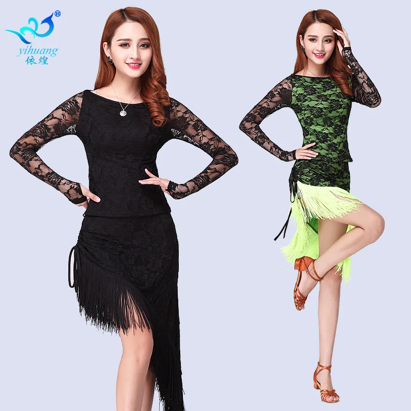 New Latin Dance Practice Dress Lace Sleeve Dance Dress Competition Performance Dress Long Sleeve Tassel Performance Dress Latin