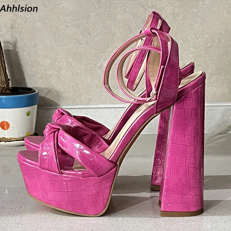 

Ahhlsion New Arrival Women Platform Sandals Chunky Heels Round Toe Beautiful Fuchsia Pink Dress Shoes Ladies Plus US Size 5-20