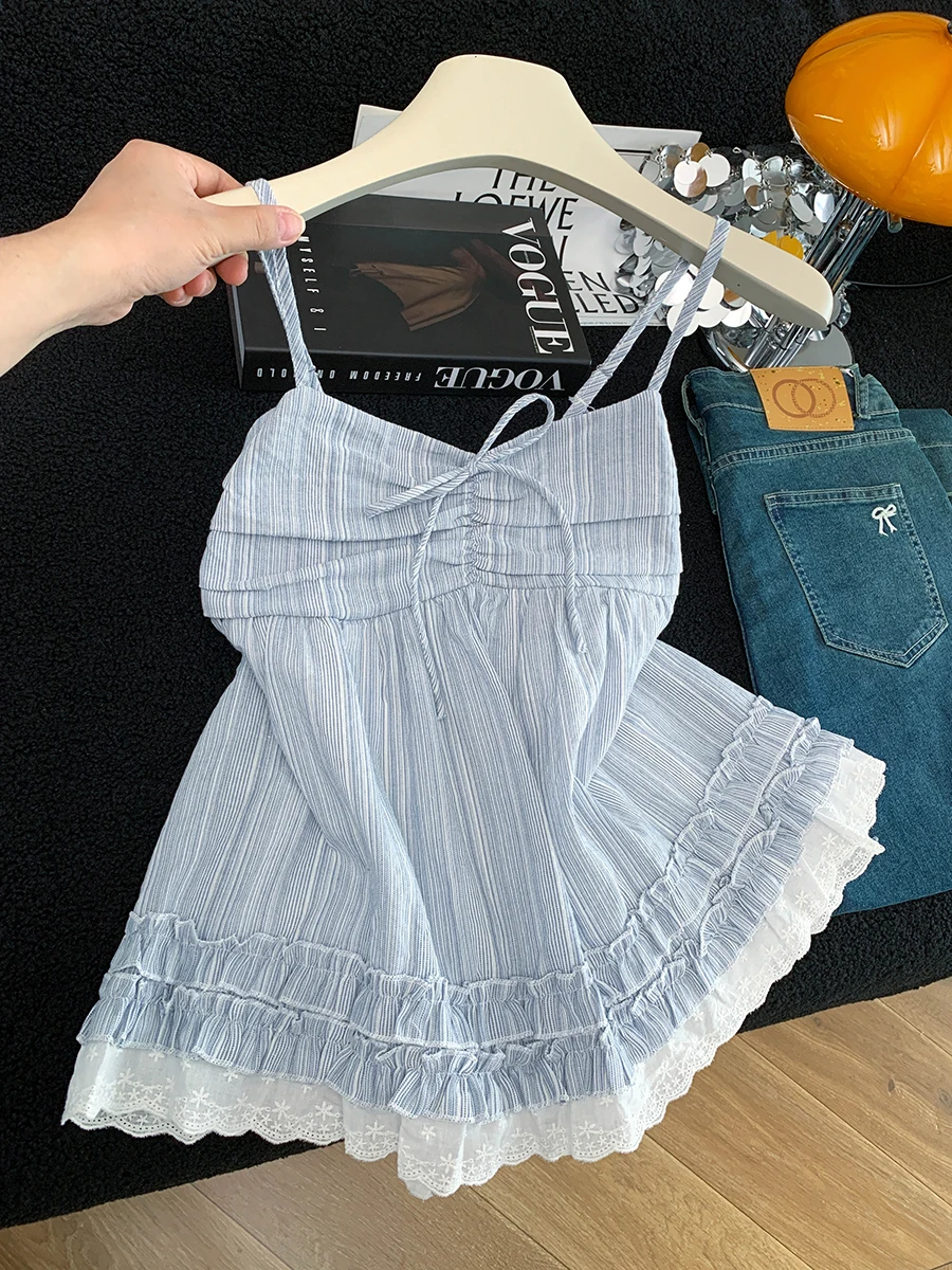 

Light Blue Lace Trim Pleated Sash Women's Summer New Style Backless Shoulder Bared Top Casual Short Knitted Dress Or Top