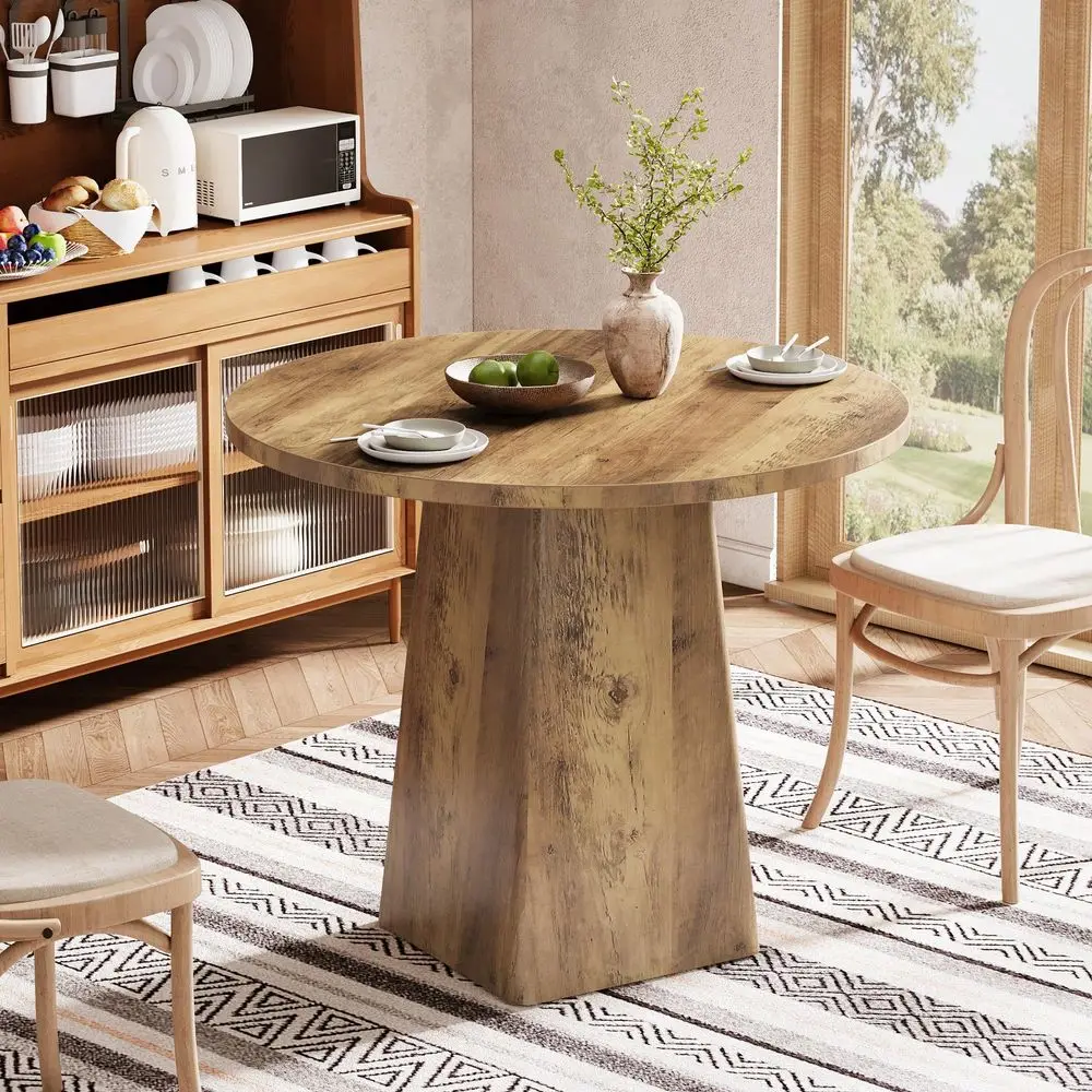 31.5Inch Round Dining Table For 24, Farmhouse Small Kitchen Dinner Table With Square Base For Dining Room Living Room, Rustic B