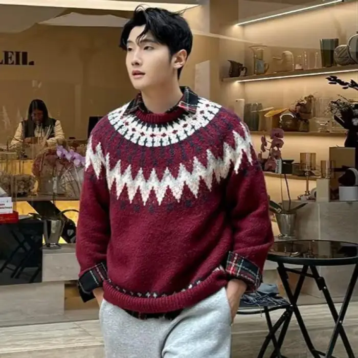 

Loose Nordic Cisas Sle Fair Isle round Ne Knitwear Japanese Retro Base Layer Sweater for Men Autumn Winter Casual Wear