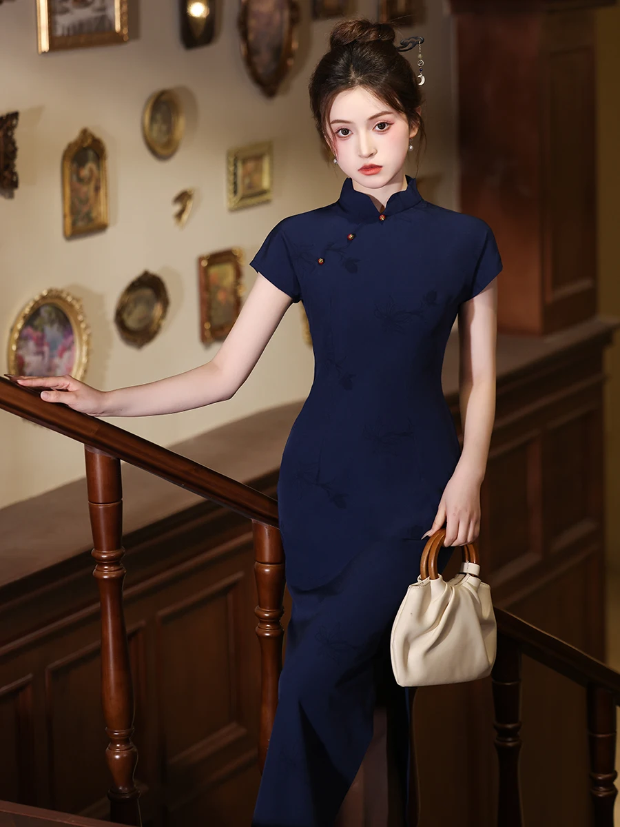 

Deep Blue Young Sle Retro Chinese New Version Women's Daily Ele Long Dr Breathable ort Sve Summer New...