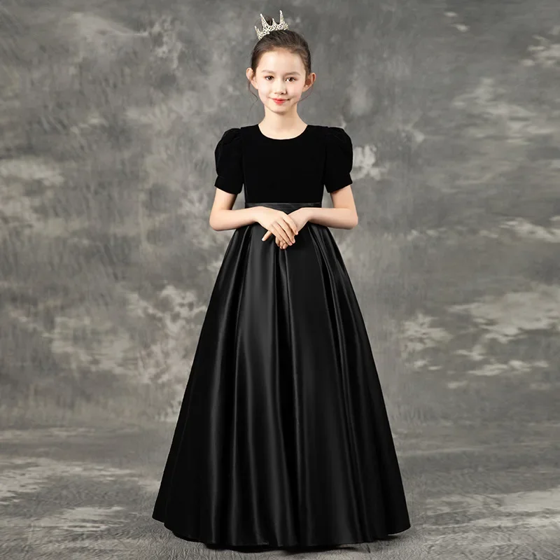 2024 elegant Stain Velvet Long Girl Dress For kids Children Pageant Ball Gown Wedding ceremony party piano Costume 12 14 Years