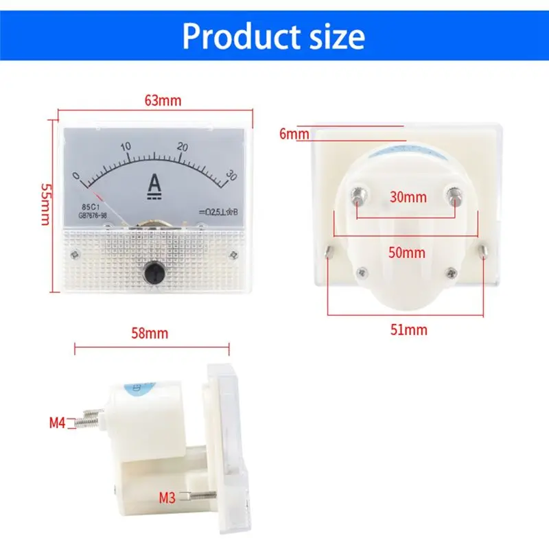 AEE6-1 قطعة تيار مستمر الفولتميتر مؤشر رئيس 85C1-DC 30A الأبيض ABS التناظرية مقياس التيار الكهربائي لوحة متر