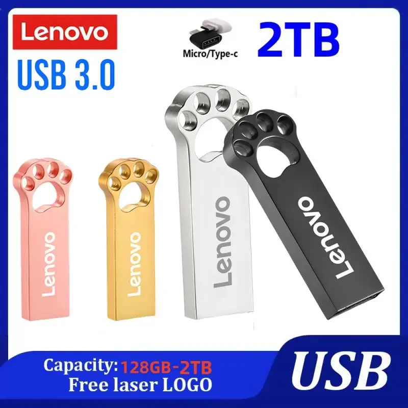 Lenovo แฟลชไดรฟ์ขนาดเล็ก2TB USB 3.0 pendrive โลหะความเร็วสูง1TB 128GB ไดรฟ์แบบพกพากันน้ำเก็บข้อมูล U Disk