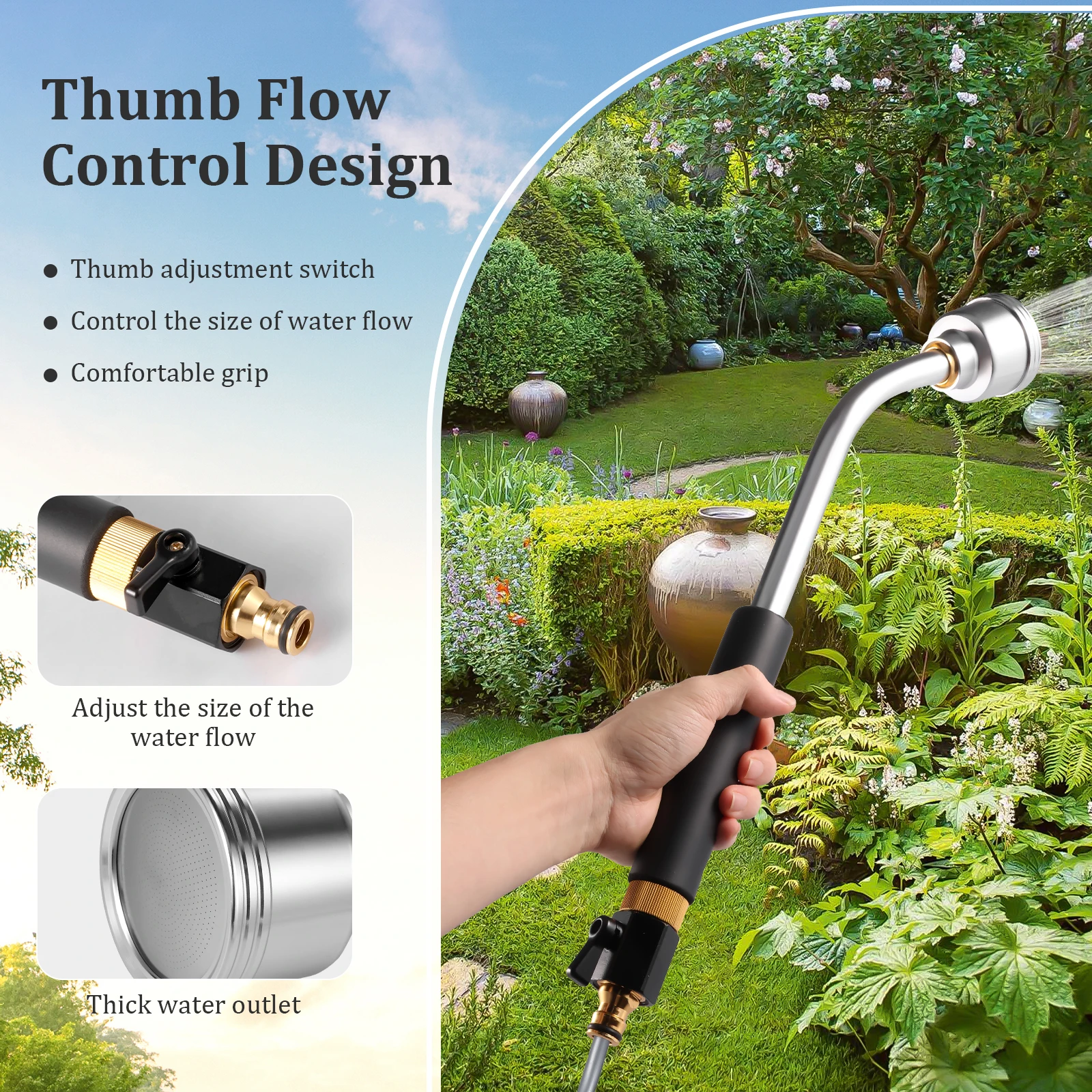 Lanza de riego de jardín, varita rociadora de ducha suave y completa con Control de flujo de pulgar para cestas colgantes, arbustos, plantas y flores