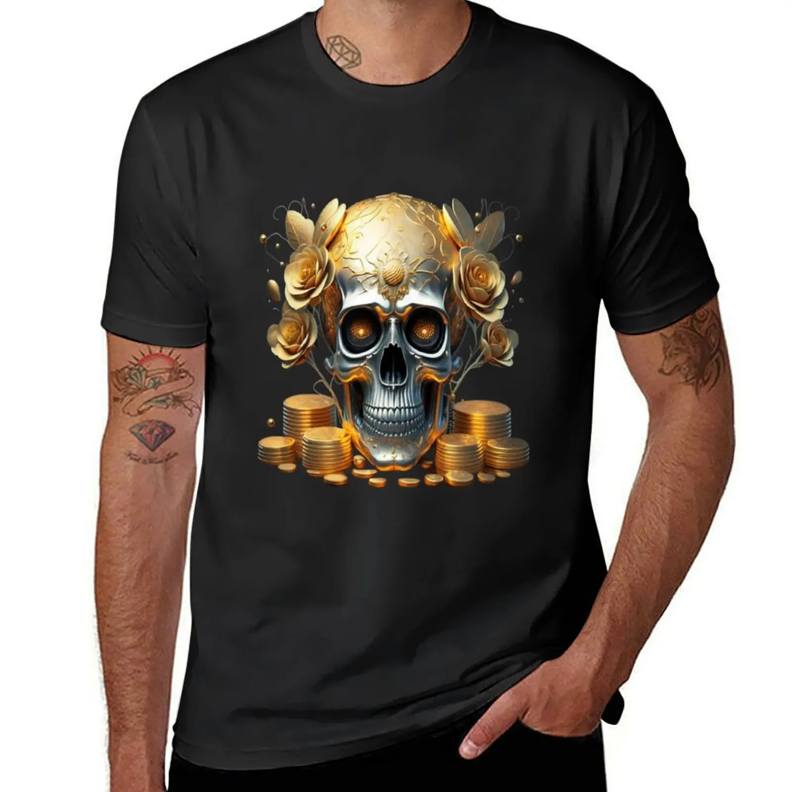 Skull adorned with intricate golden flowers T-Shirt cute tops for a boy blanks men graphic t shirts