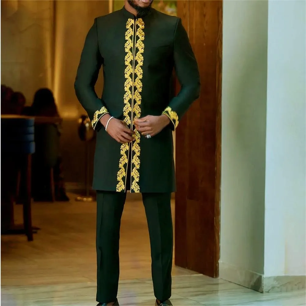 2024New Men\'s Elegant Suit Top Pants Set Solid Color Long Sleeve Round Neck Embroidered Party Festival African Ethnic StyleM-4XL