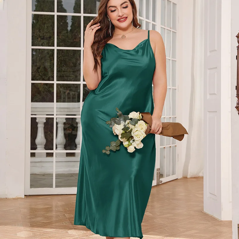 Plus Size Green Long Spaghetti Strap Nightdress Nightgown Sleepwear Spring Summer Silky Satin Home Dressing Gown 3XL 4XL 5XL