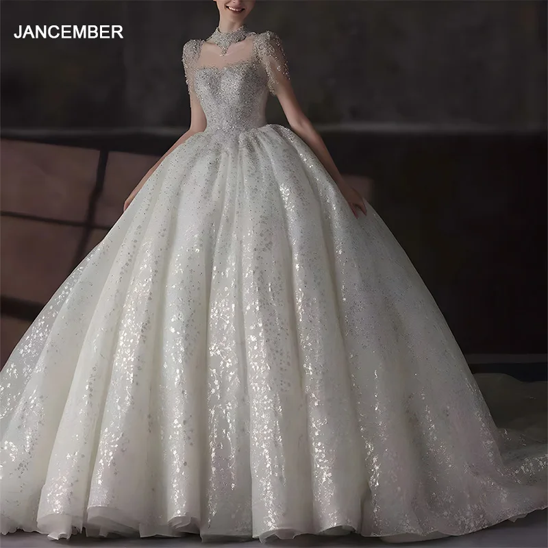 

Jancember Novelty Exquisite Wedding Dresses Ball Gown O-Neck Short Sleeves Lace Up Sequined Beading Vestidos De Novia LSHT017