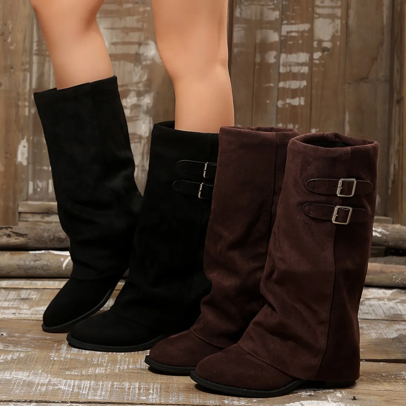 Frühling Herbst Neue Retro Runde Zehe Damen Kniehohe Stiefel 2026 Mode Schnallendekor Einfache Lässige Tägliche Outdoor Damenschuhe – Detail 7