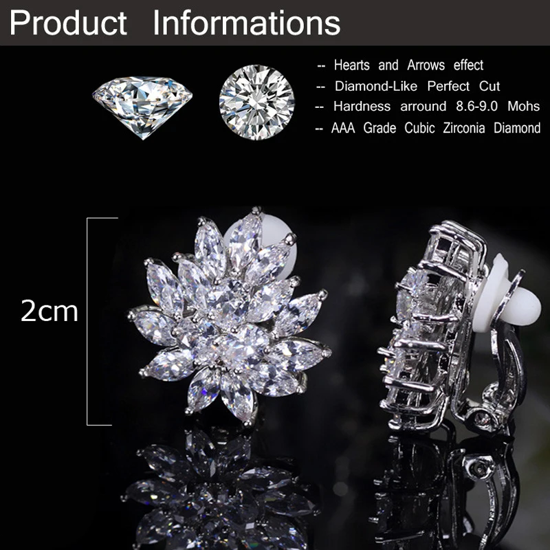 ThreeGraces Shiny Cubic Zirconia Elegant BIg Flower Clip On Earrings for Women Fashion Wedding Bridal Party Jewelry EJ53