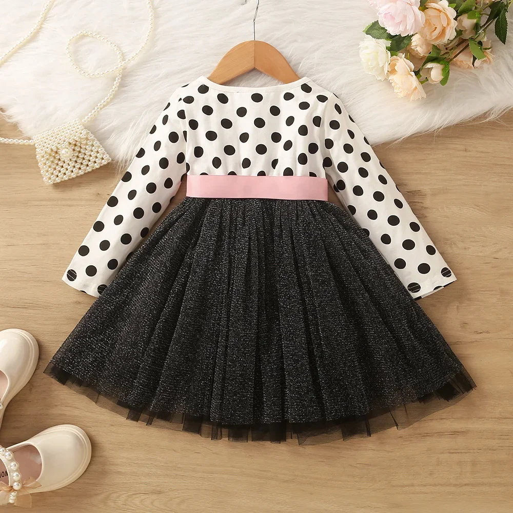 3-8 Years Kids Girls Dress Long Sleeve Polka Dots Mesh Patchwork Dress for Girls Birthday Party Evening Dress Autumn Clothes