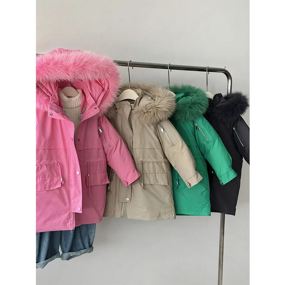 Thicken Warm Parkas Down Coat for Kids Girls Boys Solid Hooded Fur Collar Long Puffer Jacket Detachable Down Lining Overcoats