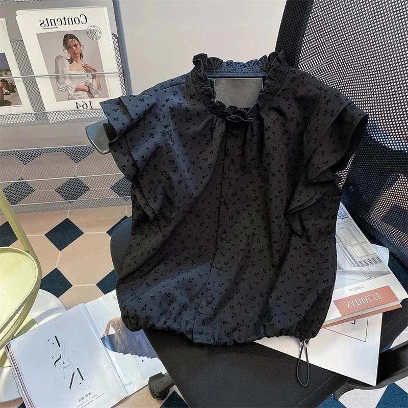 

Elegant Black Jacquard Flutter Sleeve Blouse Summer Ruffle Trim Smocked Cropped Top Harajuku Street Sweet Pretty Shirt