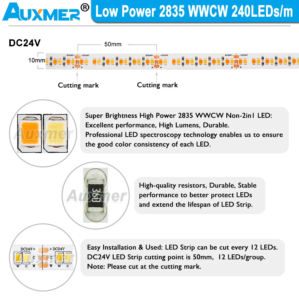 Strisce luminose a LED WWCW a bassa potenza 2835, 240LED/m,IP20,CRI95/90,19.2 W/m, LED regolabile con temperatura di colore CCT, DC12/24V,