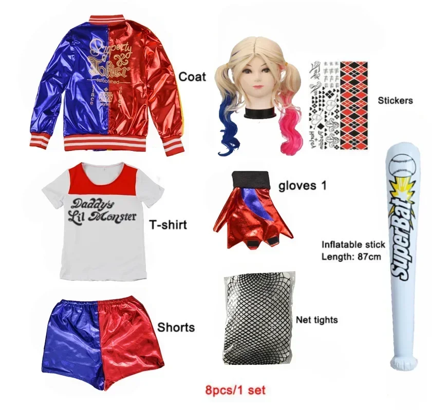 Kostum COSPLAY anak-anak perempuan quinzel jaket gaun pesta ชุดฮาโลวีน Fantasia arlequina ชุด Baju kelelawar bisbol