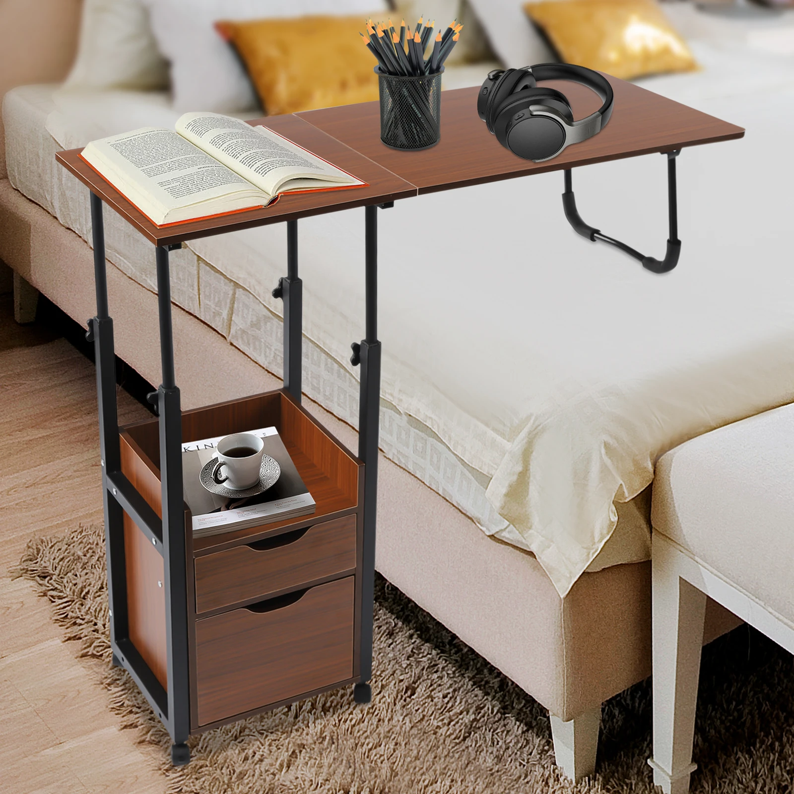 Mesa sobre cama con ruedas, mesita de noche móvil y ajustable para ordenador portátil, bandeja rodante para cama de hospital con gabinete de almacenamiento, se adapta al sofá