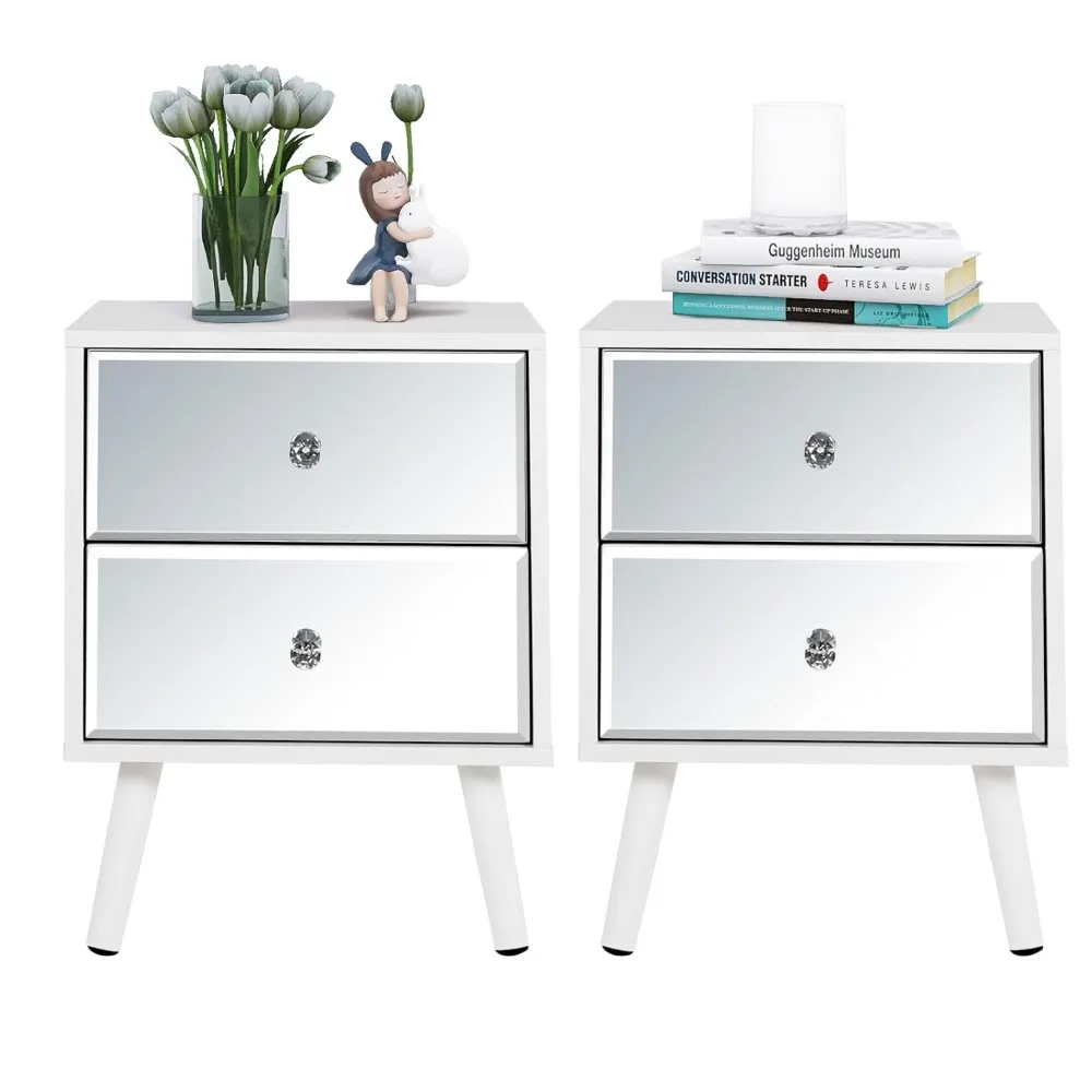 

White Nightstand Set of 2, Mirrored Bedside Table Set of 2, Modern Bedroom Night Stands with 2 Drawer, Bed Side, Customized