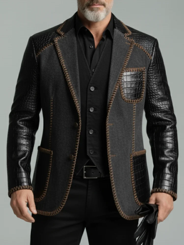 

Дизайнерский классический мужской костюм, пальто из искусственной кожи, джинсовый смокинг с зубчатыми лацканами, остроконечная одежда для жениха, деловой блейзер для вечеринок