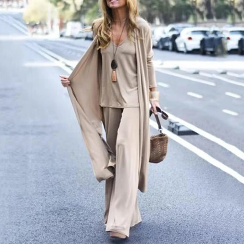 Three Piece Sets Fashion Long Cardigan Cover Up V-Neck Sling Tank Undershirt Whit Straight Pant Suit Causal Loose Solid Sets