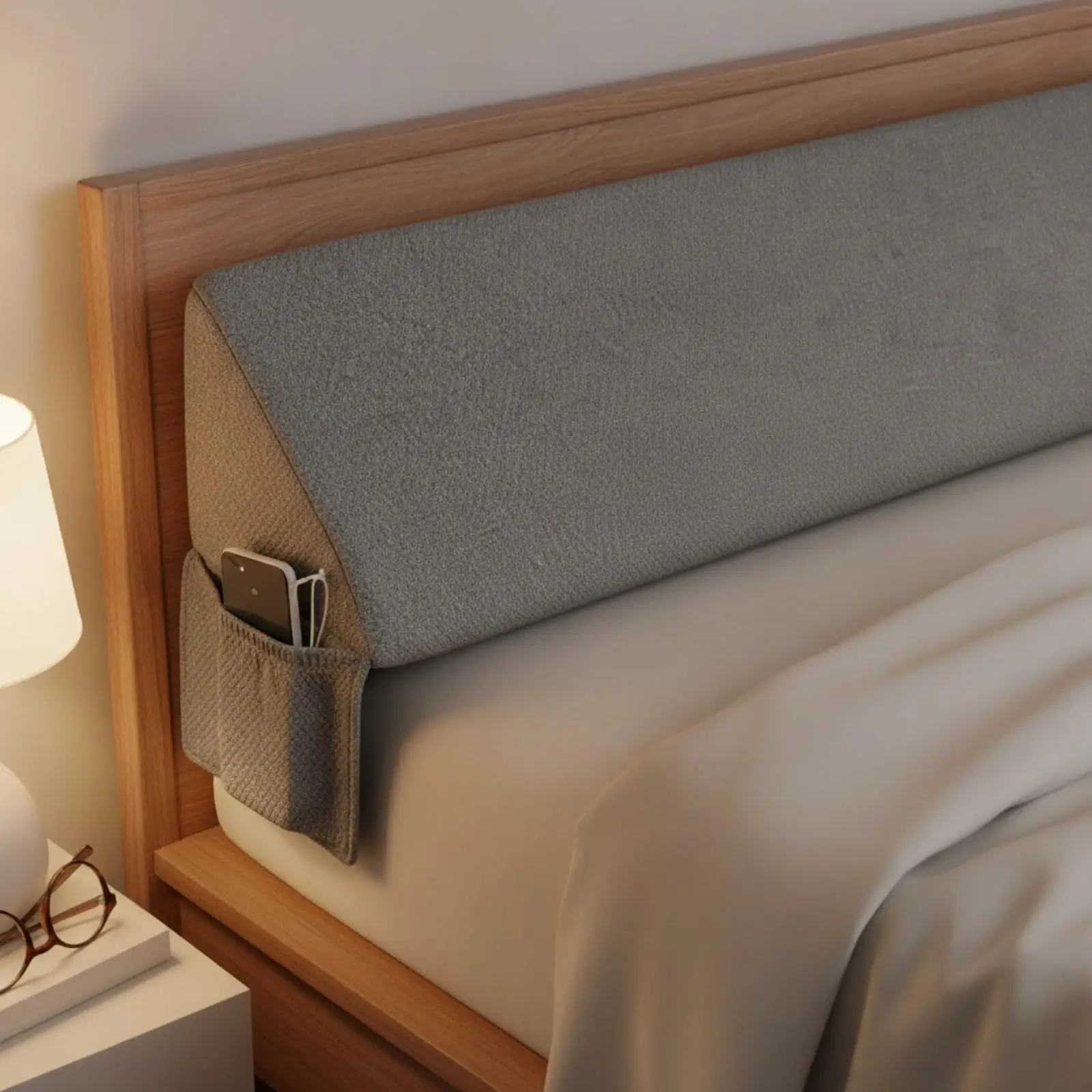 Triangular Bed Wedge with Storage Panel Supportive Headboard Wedge Pillow with Side Pockets Cover Headboard Cushion for Small
