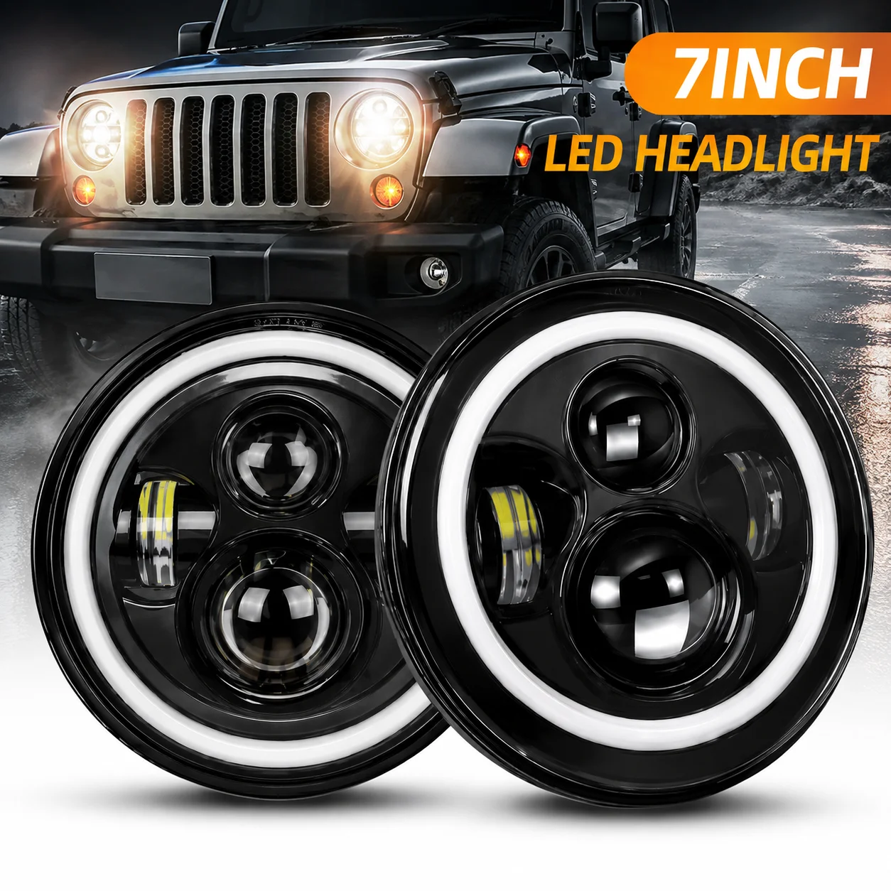 Braveway 7" Runder LED-Scheinwerfer DOT E9-zertifiziert mit Angel Eye Halo Ring, Fern-/Abblendlicht, Tagfahrlicht und Blinker für JK / TJ / CJ / LJ Harley Motorräder für den Offroad-Einsatz.