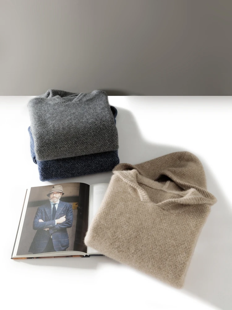 Chic Hooded Men's Pullovers 7GG Thick 100% Cashmere Knitted Long Sleeve Basic Sweater Soft Warm Simple Cuff Design Solid Tops