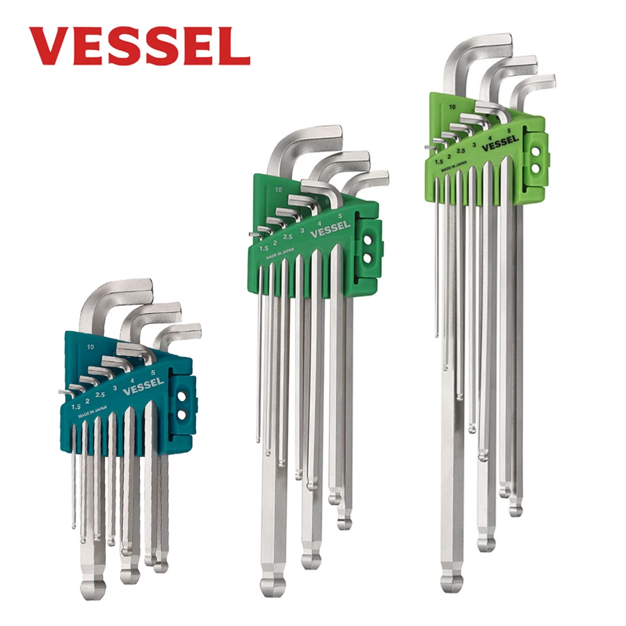 

VESSEL 9Pcs Hex Bar Ball point L-Wrench Set Short/Long type Allen Key Sets NO.8209BP|8209BP-L|8209BP-S