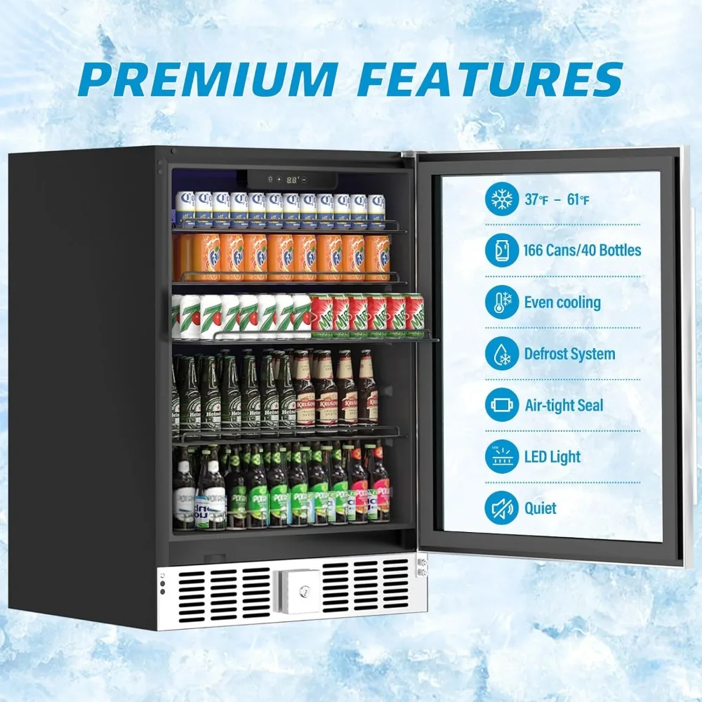 

24" Beverage Refrigerator 5.3 Cu Ft - 166 Can Capacity Glass Front Cooler for Soda, Beer, Wine with Energy Saving Quiet Operatio