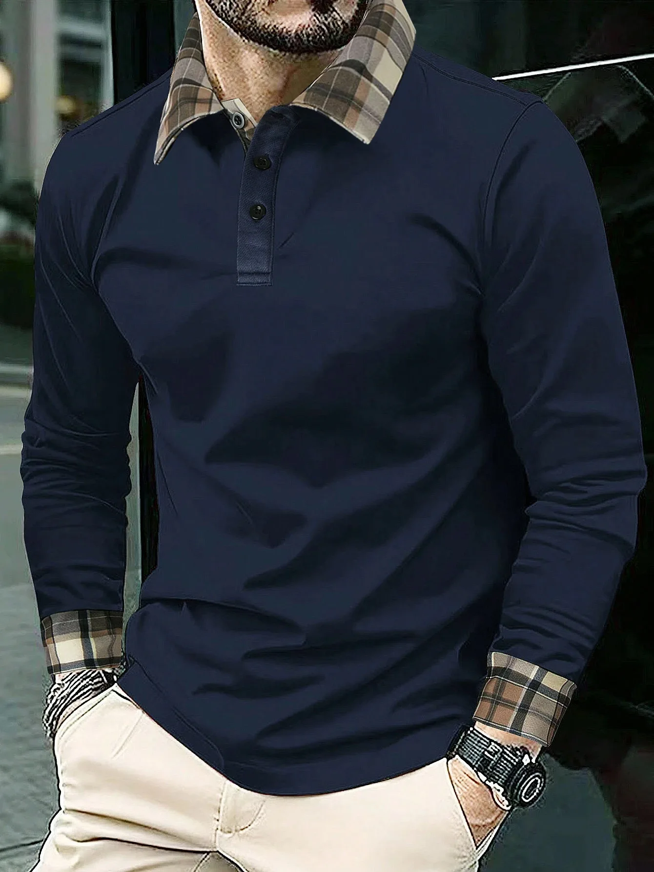 خريف جديد أزياء الرجال تقسم عارضة العصرية بسيطة الأساسية بدوره إلى أسفل طوق كم طويل زر البلوز قمصان بولو الذكور قمم #6
