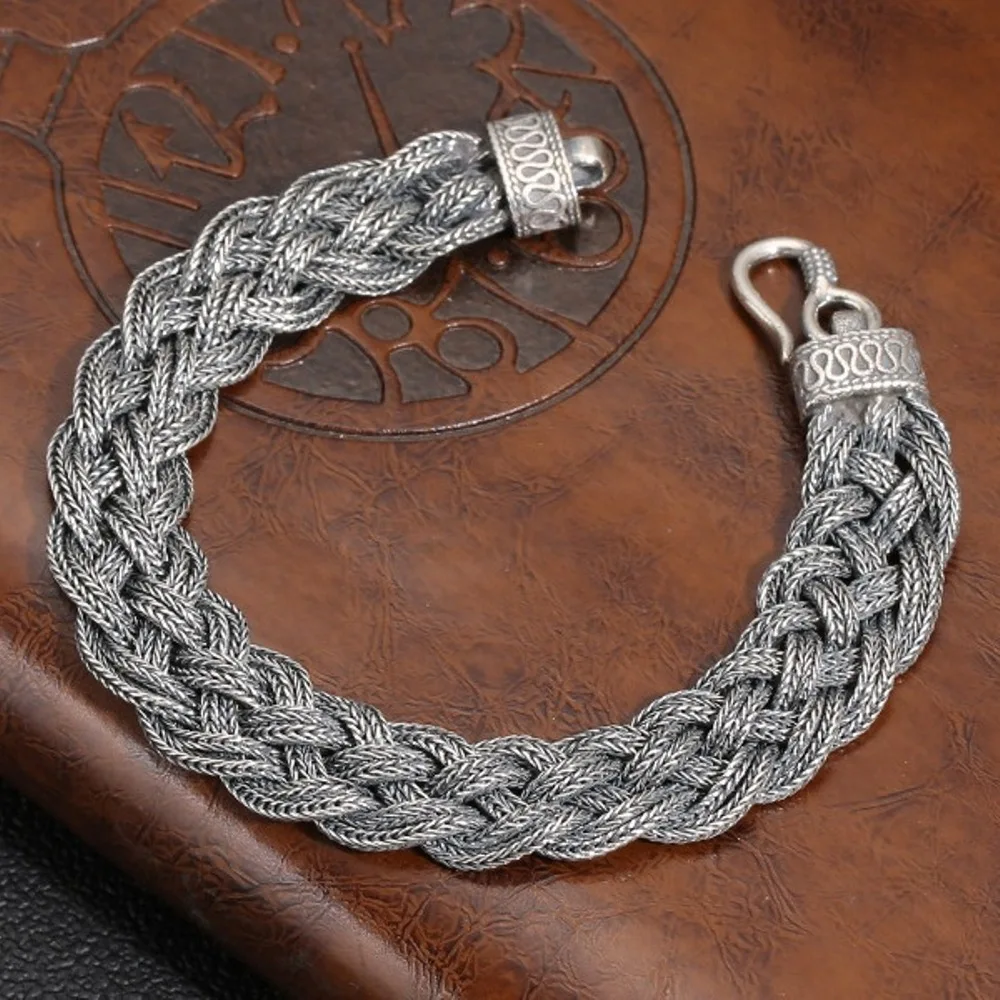 Real Solid 925 Sterling Silver Chain Men 12mm Wheat Foxtail Braided Bracelet 25.5g/20cm