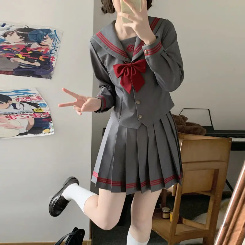 

Japan JK Uniform Suit College Style Spring Gray Waisted Sailor Suit Pleated Skirt