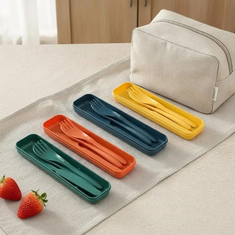 Wheat Straw Cutlery Set Knife Fork Spoon With Storage Case Camping Picnic Travel Lunch Utensils