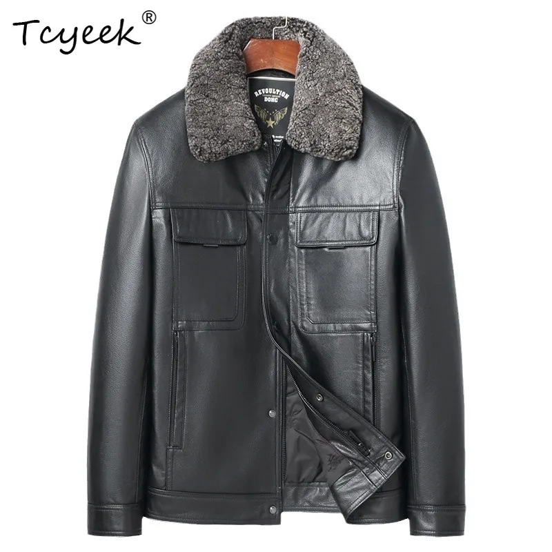 

Tcyeek Real Cowhide Genuine Leather Jacket Men Autumn Winter Clothes Wool Collar Mens Coats Mulberry Silk Liner Куртка Мужская