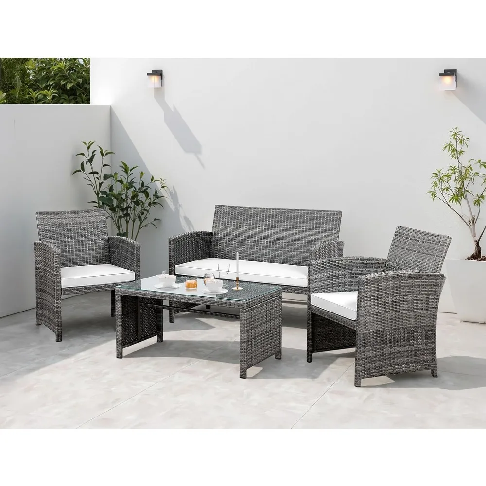 4 Piece Patio Ratten Set Outdoor Furniture Set Wicker Conversation Set with Cushions and Tempered Glass Tabletop,Beige